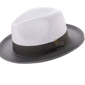 GRAY  Two-tone Pinch Hat Wide Brim Matching Grosgrain Ribbon Straw Fedora H47